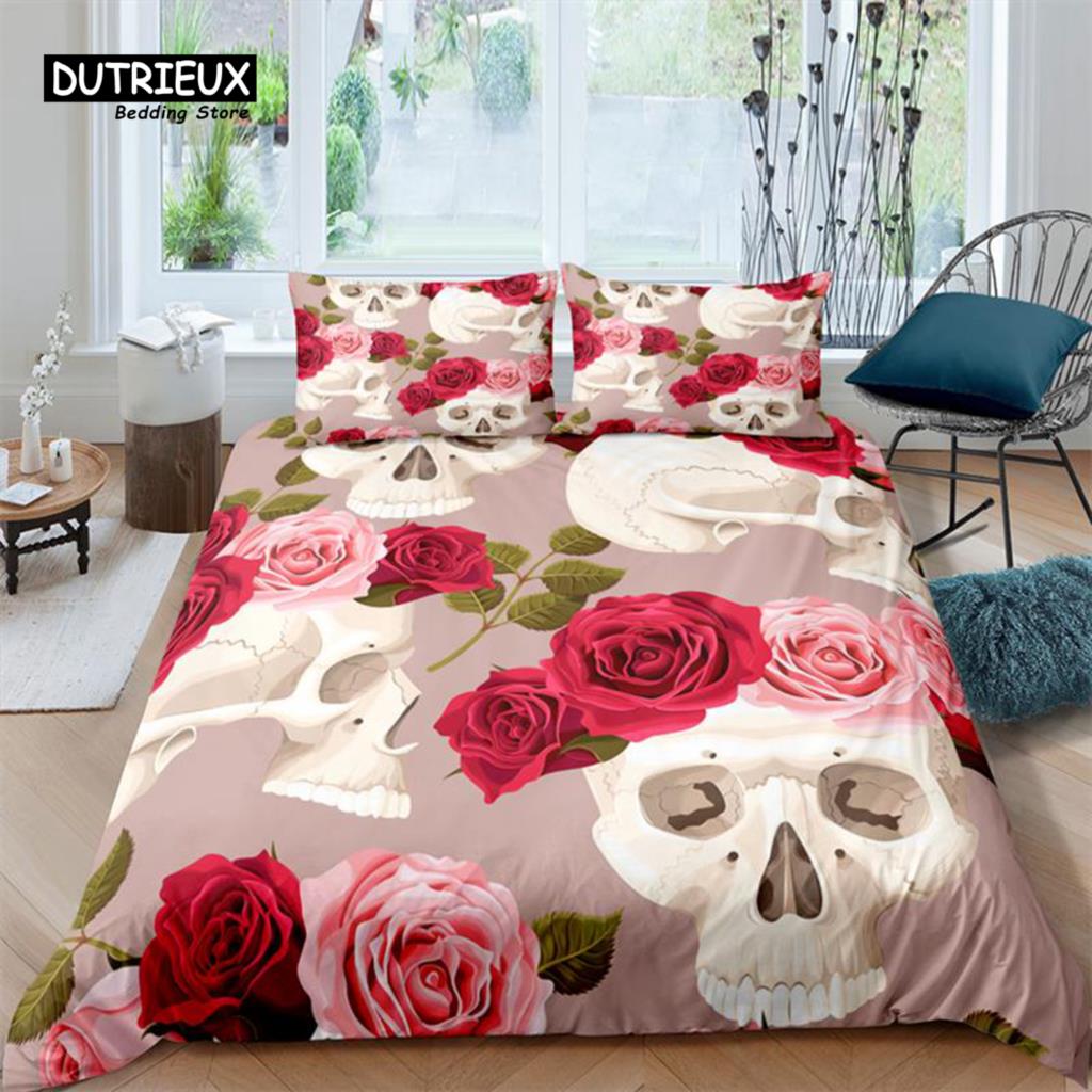 Comforter Luxury 3D Flower Skull Print Home Living Comfortable Kids Bedding Set Queen And King Eu/Us/Au/Uk Size