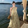 New Chinese Sleeveless Smudge Neck Dress for Women's Summer High-end Off-the-shoulder Seaside Vacation Dress