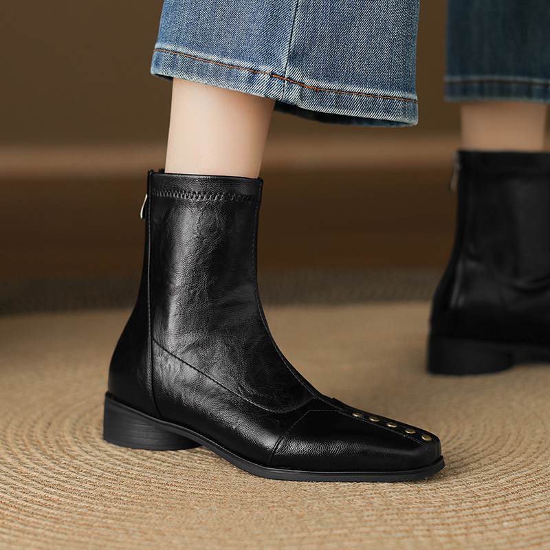 Krazing Pot Microfiber Winter Square Toe Modern Size 33 Boots Size 43 Metal Rivets Med Heels Zipper Women Ankle Boots