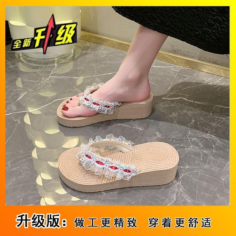 High fashion fairy sweet slippers travel beach sandals slope with flip-flops girl 2025 summer new