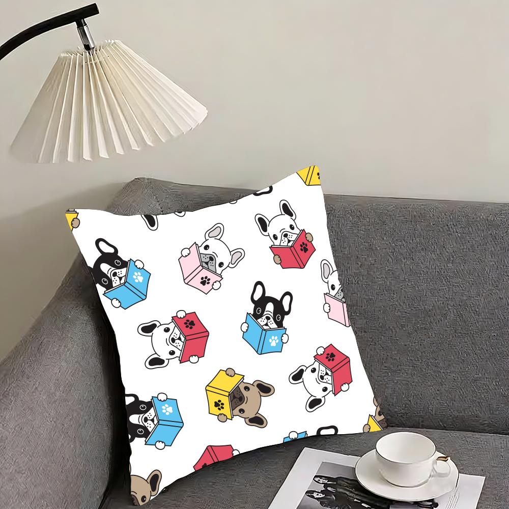 Cartoon French Bulldog Pattern Cushion Cover Reversible Plush Pillow Cover – For car, sofa, bedroom, perfect as a gift.