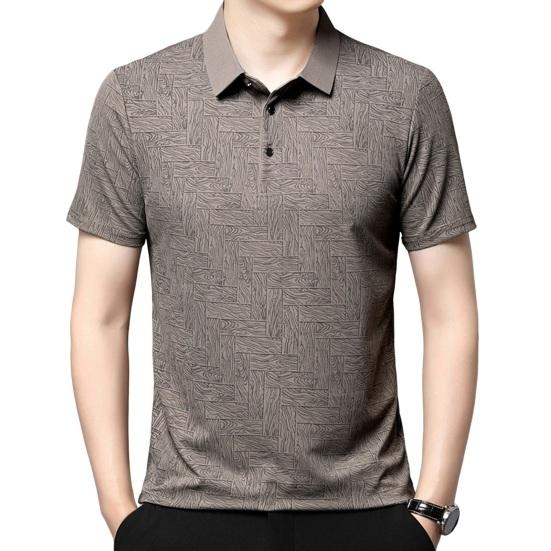 Men Daily Shirt Button Turn-down Collar Short Sleeves Ice Silk Printed Pullover Formal Business Style Mid Length Office Top