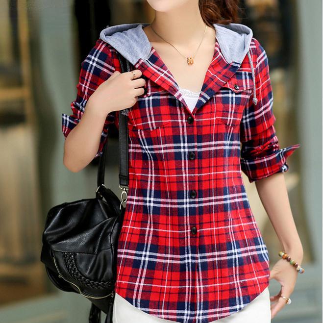 Camicia a quadretti autunno-primavera Top a maniche lunghe in cotone da donna Camicie scozzesi da donna Top slim abbottonati con cappuccio alla moda