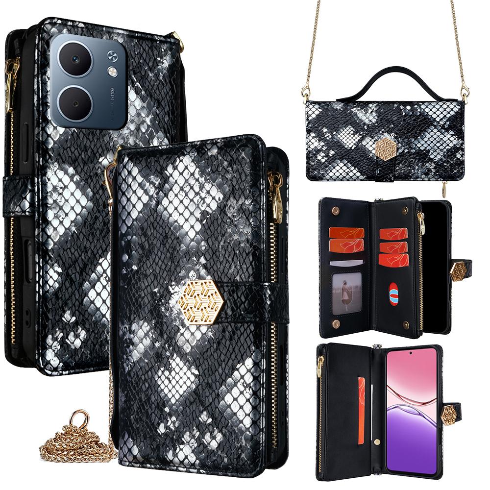 

For Oppo A5x 5G Case Snake Skin Texture PU Leather Phone Wallet Cover with Shoulder Strap Black