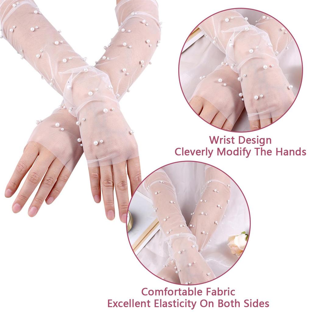 Damen Perlenbesetzte Durchsichtige Tüll Fingerlose Lange Armstulpen Braut Hochzeits Handschuhe Transparentes Netz Armabdeckung für Abendkleid Party Foto Requisiten