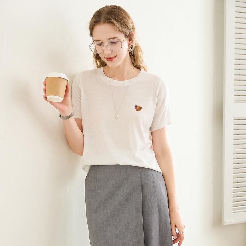TUHUANG Women s Embroidered Silk Blend Knit Short Sleeve T-Shirt M