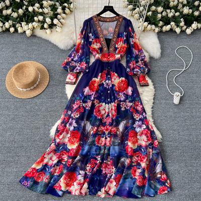 Summer Women Vintage Print V-neck Lantern Sleeve Chiffon Holiday Beach Long Maxi Dresses