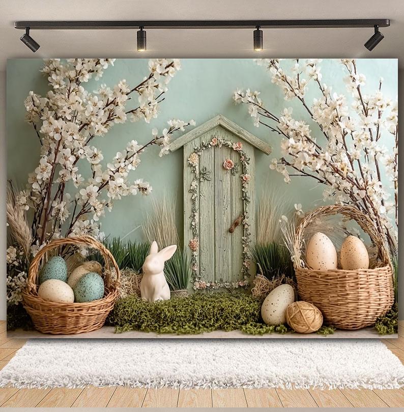 Spring Easter Photography Background Wood House Rabbit Eggs White Flower Kid Birthday Portrait Family Party Decor Photo Backdrop