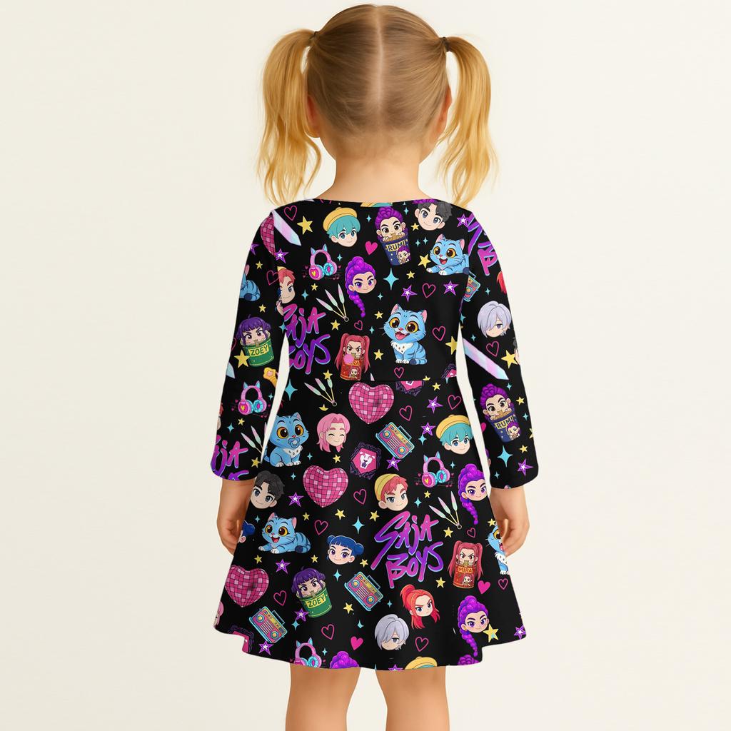 Kids Girls Casual Daily Dress Cute Cartoon Print Long Sleeves Dance Wear Princess Dress  2-12 Years