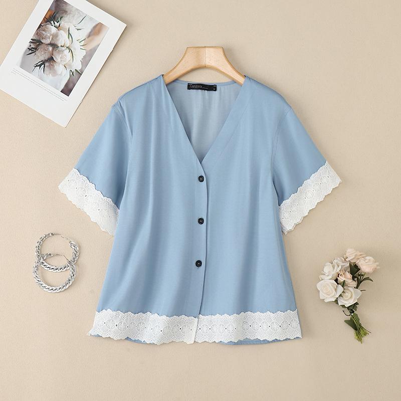 

ZANZEA Женская повседневная блузка с V-образным вырезом, кружевной отделкой, коротким рукавом, свободного кроя L