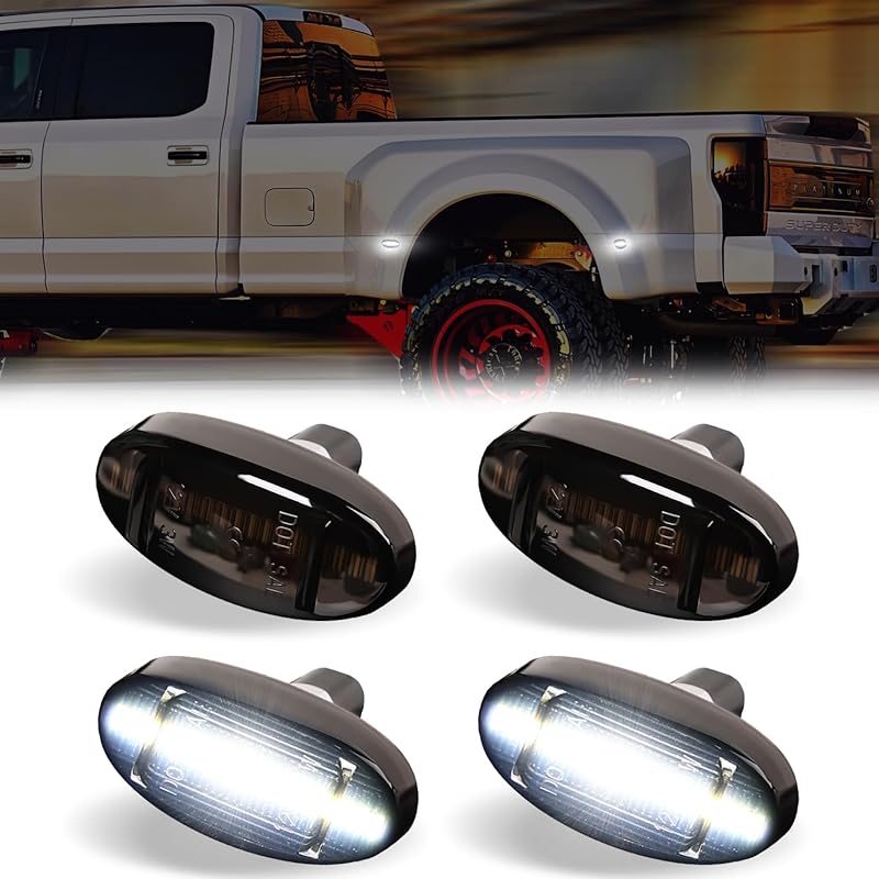 LED Dually Bed Fender Side Marker Lights For 2011- Ford F250 F350 F450 F550 Super Duty Trucks Smoked Len (White Led)