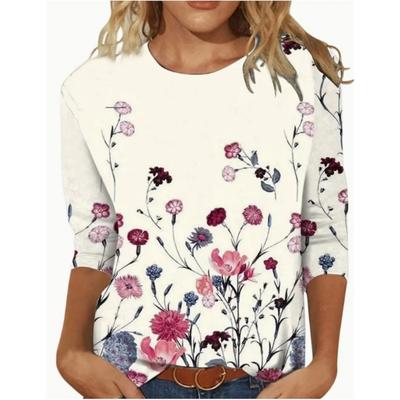 Tricou de damă cu gât rotund Top cu mâneci lungi cu modele de imprimeu floral Tricou de damă la modă și la modă pentru toamnă