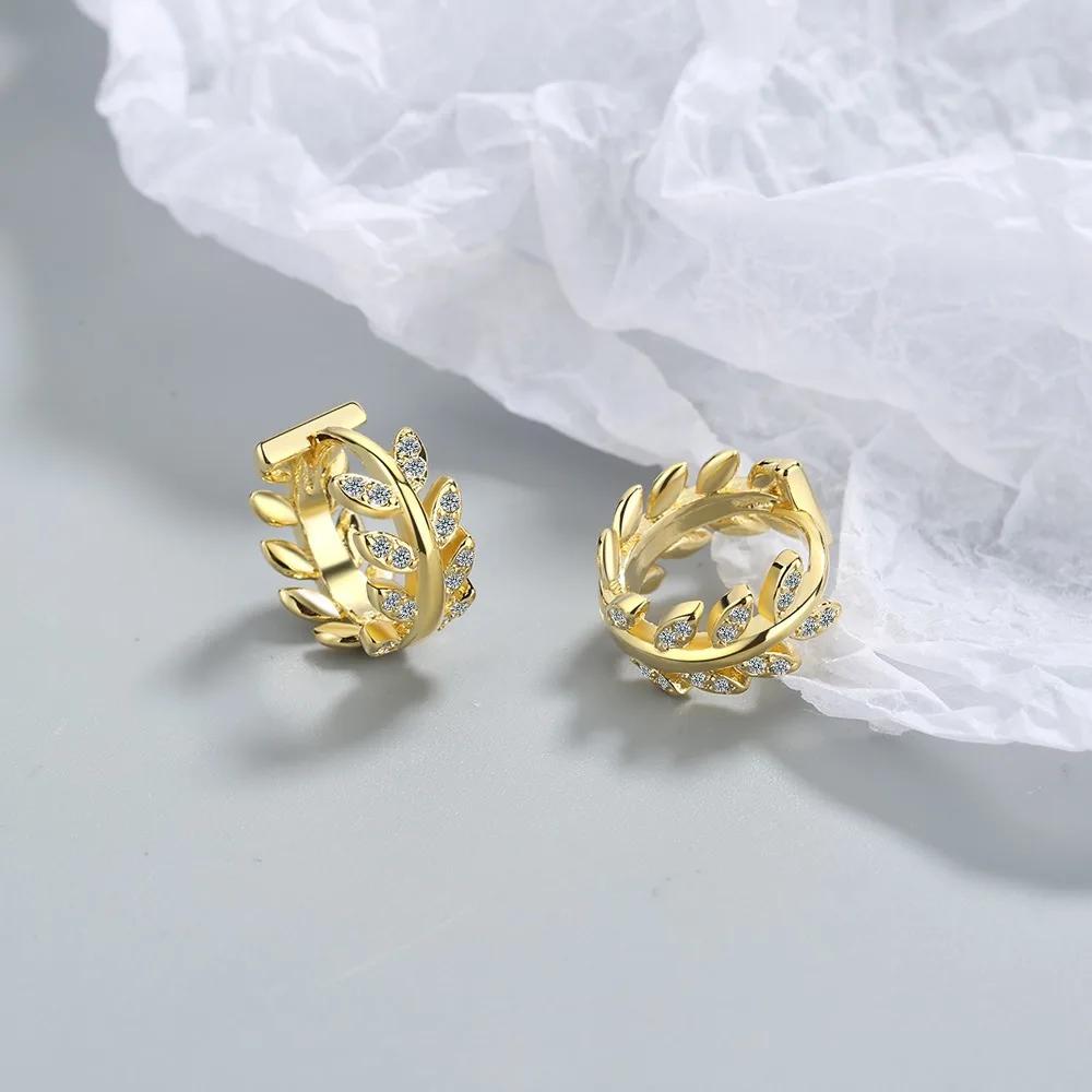 SALES Fine Wedding Jewelry Gold with 925 Sterling Silver New Crystal Olive Branch Earring Korean Leaf Hoop Earrings for Women