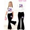 Girl's Short Sleeve Set 2026 New Kpop Three Girls Anime Printed Short Sleeve T-shirt+Bell Botom Pants Two Piece Set