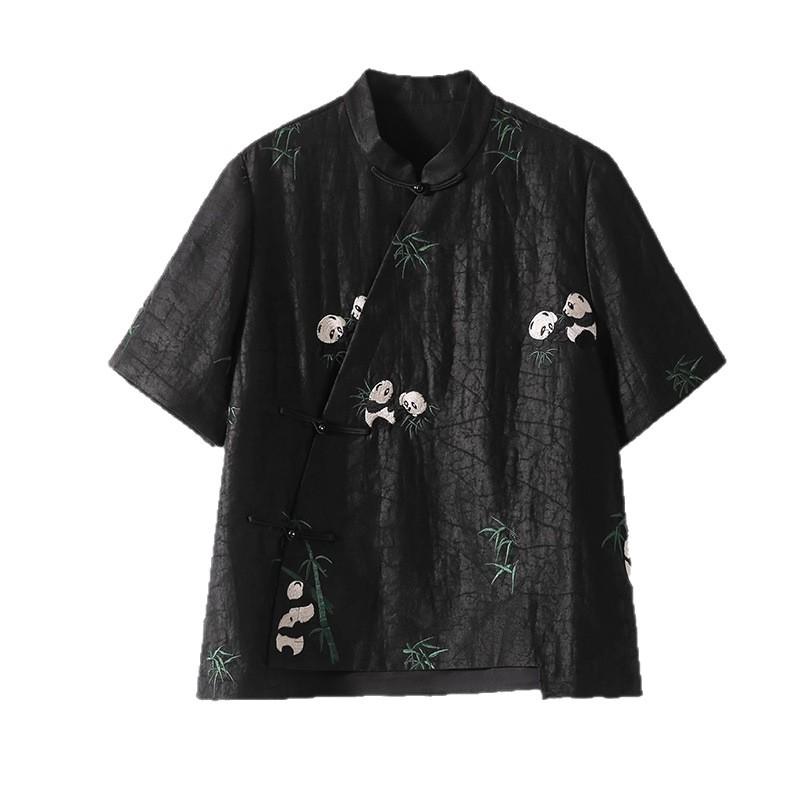 22MM Seiden-Schildpatt-Panda-Stickerei T-Shirt - Neuer Chinesischer Stil Maulbeerseide Damen Sommer Oberteil