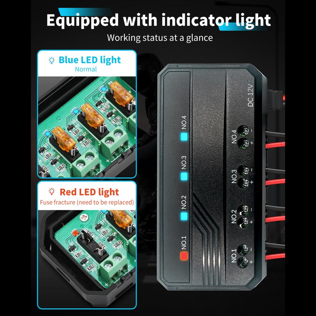 Motorcycle Fuse Box 20A Low Profile Terminal Block with LED Indicator 4 Circuits Battery Relay for Cars ATVs UTVs
