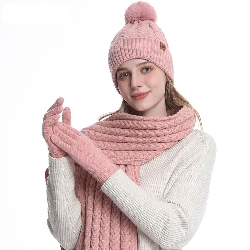 3Pcs Winter Warm Set Knit Hat Scarf Gloves Ear Protection Alpaca Wool Blend Women Cold Weather Riding Gear Multi Color