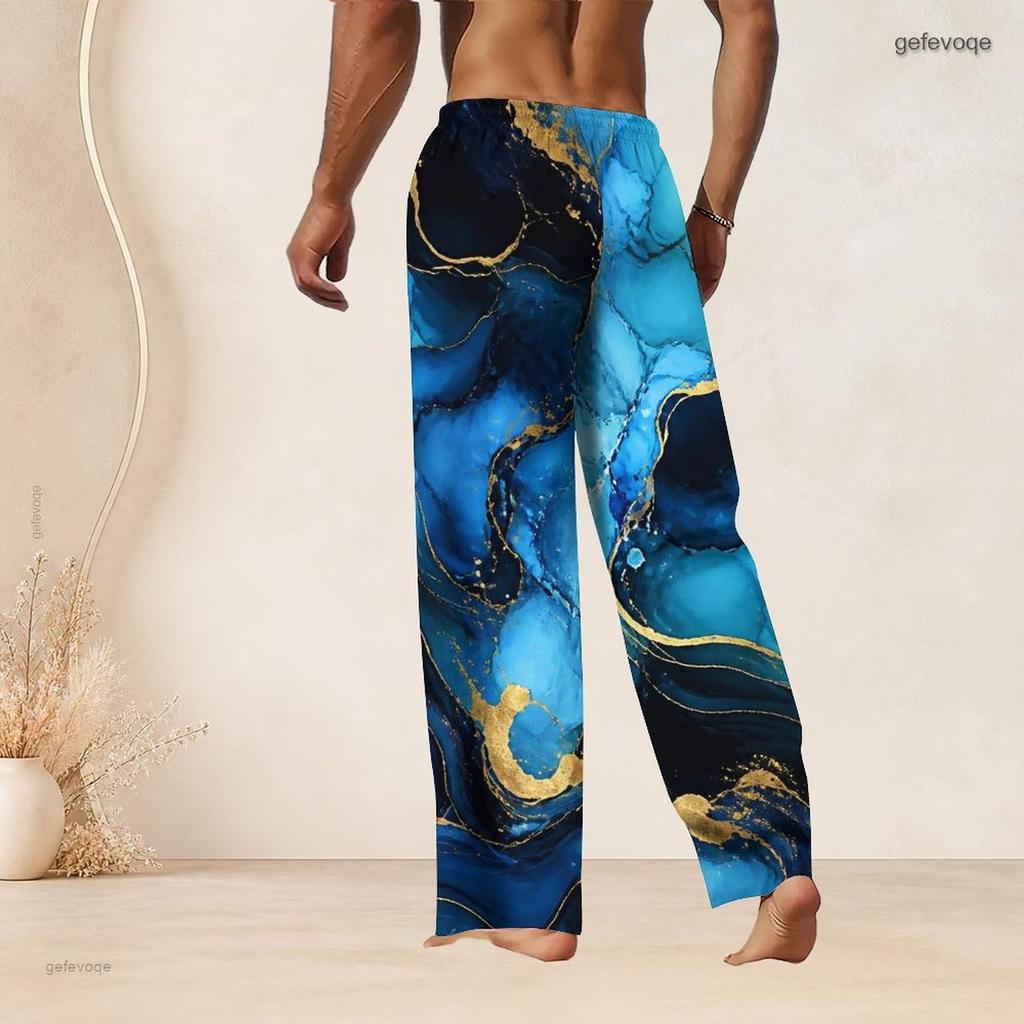 Men S Plus Size Drawstring Waist Blue Gold Marble Printed Straight Leg Full Length Beach Pants With Pockets