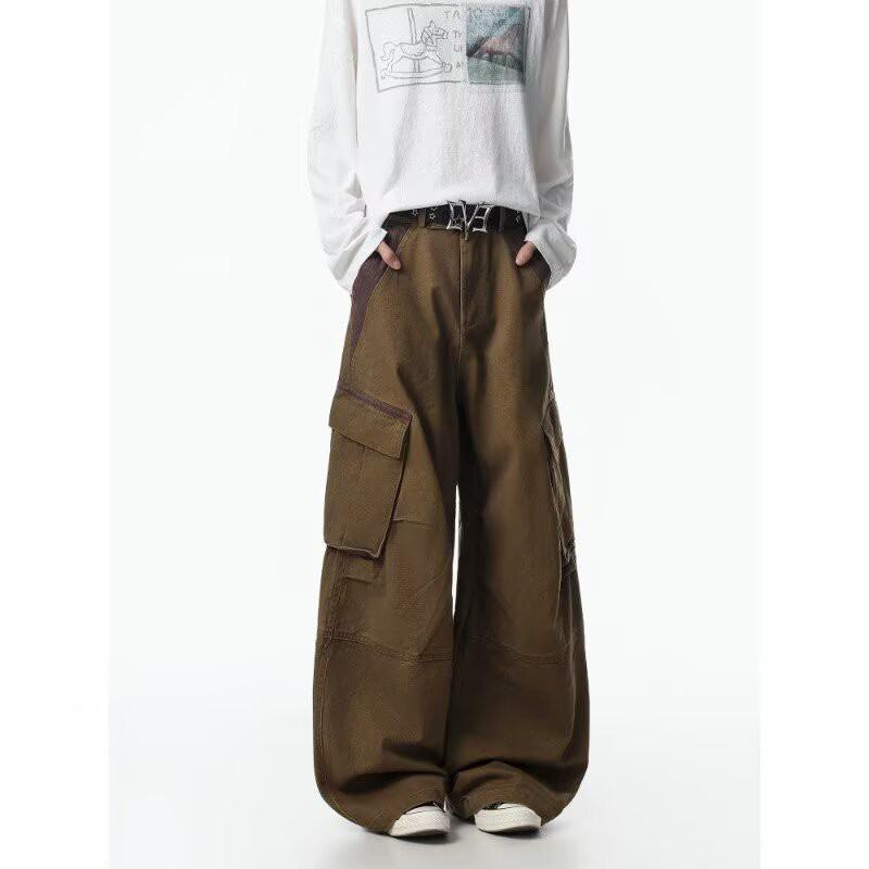 Vintage Washed Pleated Cargo Pants Loose Wide Leg Multi-Pocket Trousers Men Women