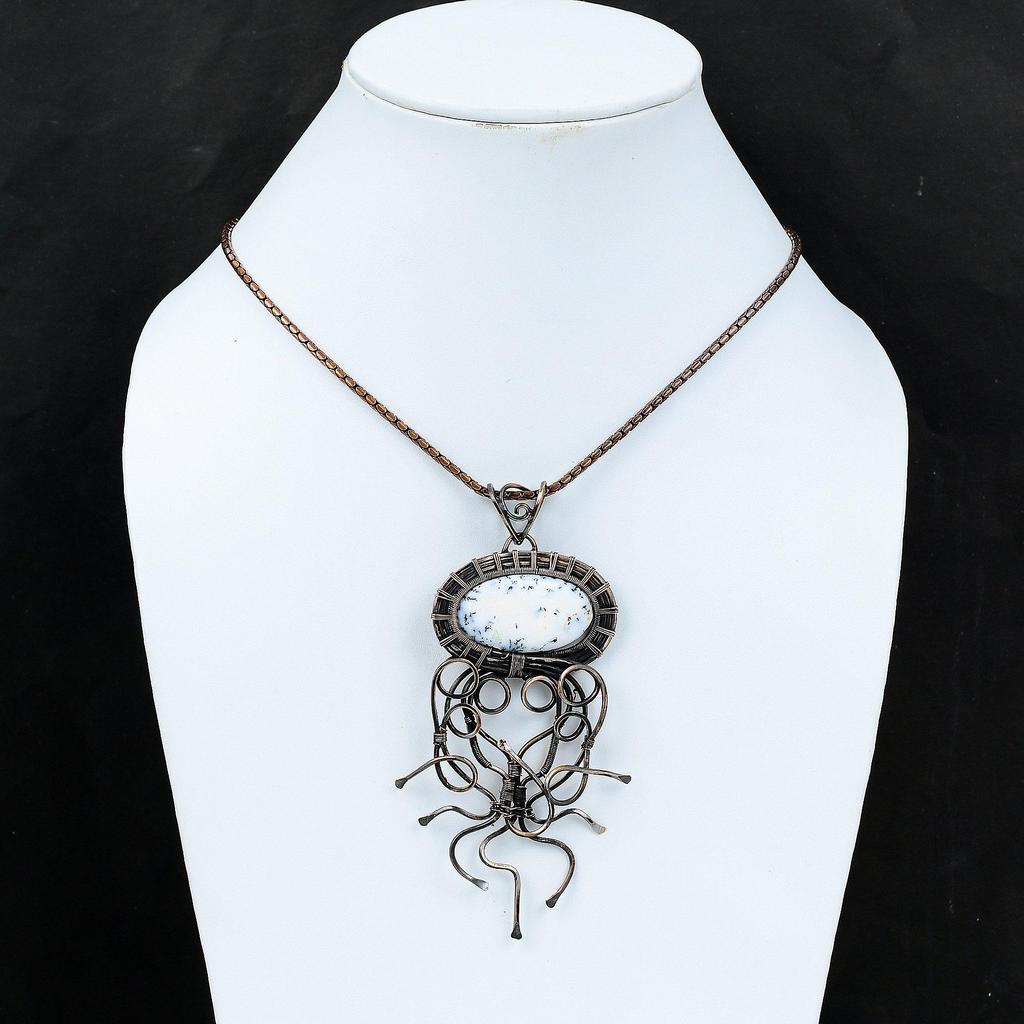 Dendriten-Opal-Edelstein, Kupferdraht, handgefertigt, Designer-Anhänger, Schmuck, Geschenk