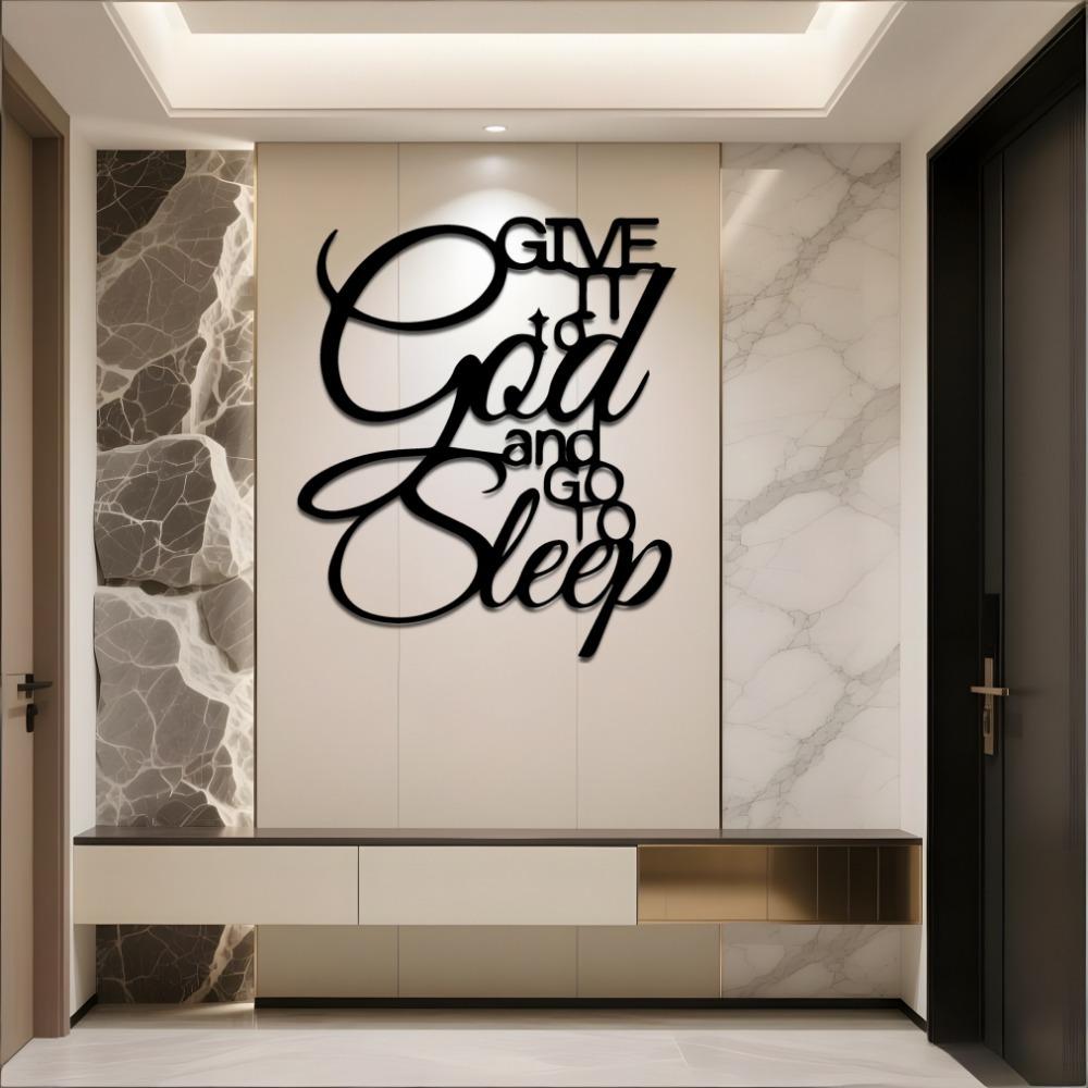 Schwarzes Eisen Lasergeschnittenes Metall Wandkunst, Gib Gott Und Geh Schlafen Abstrakter Satz, Spirituelle Bauernhaus Hängedekoration für Wohnzimmer Schlafzimmer