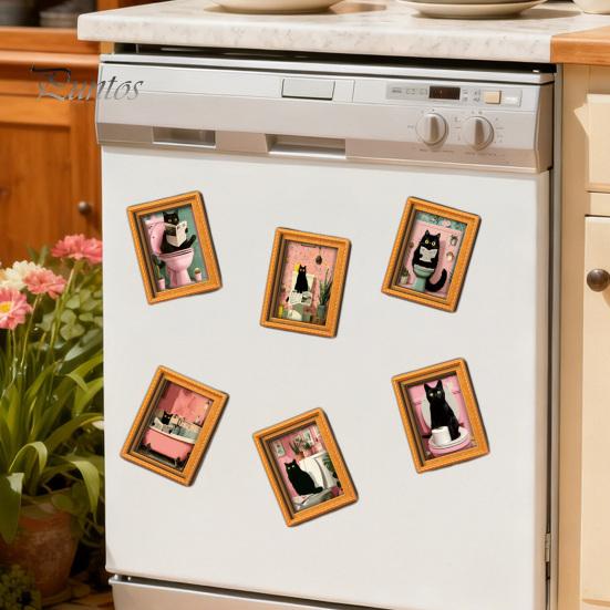 Magnetic Picture Frames for Refrigerator Funny Wooden Fridge Magnets Frame, Retro Cute Cat Pattern Decorative Photos Locker Magnet Photo Holder