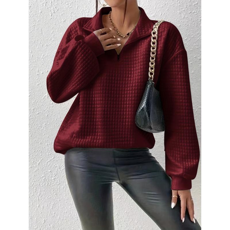 

Толстовка-пуловер із вафельною сіткою та блискавкою, повсякденна толстовка з лацканами з довгими рукавами на осінь і зиму, жіночий одяг 3XL винний