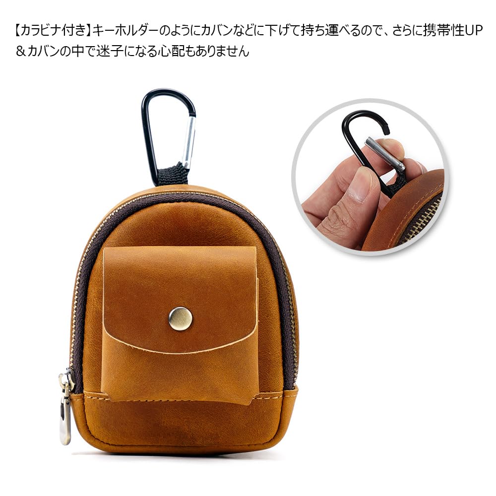 Whatna Natural Thick Cowhide Leather Coin Purse Coin Case Mini Sacoche Carabiner Pouch Belt Loop Mini Waist Bag Pouch Genuine Leather Earphone Storage