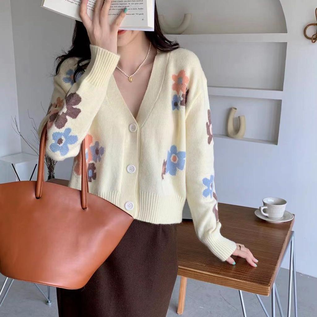 Blumen-Strickjacke für Damen, süß, niedlich, langärmelig, Strickpullover, Y2K-Streetwear, Herbst-Winter, lässige Tops
