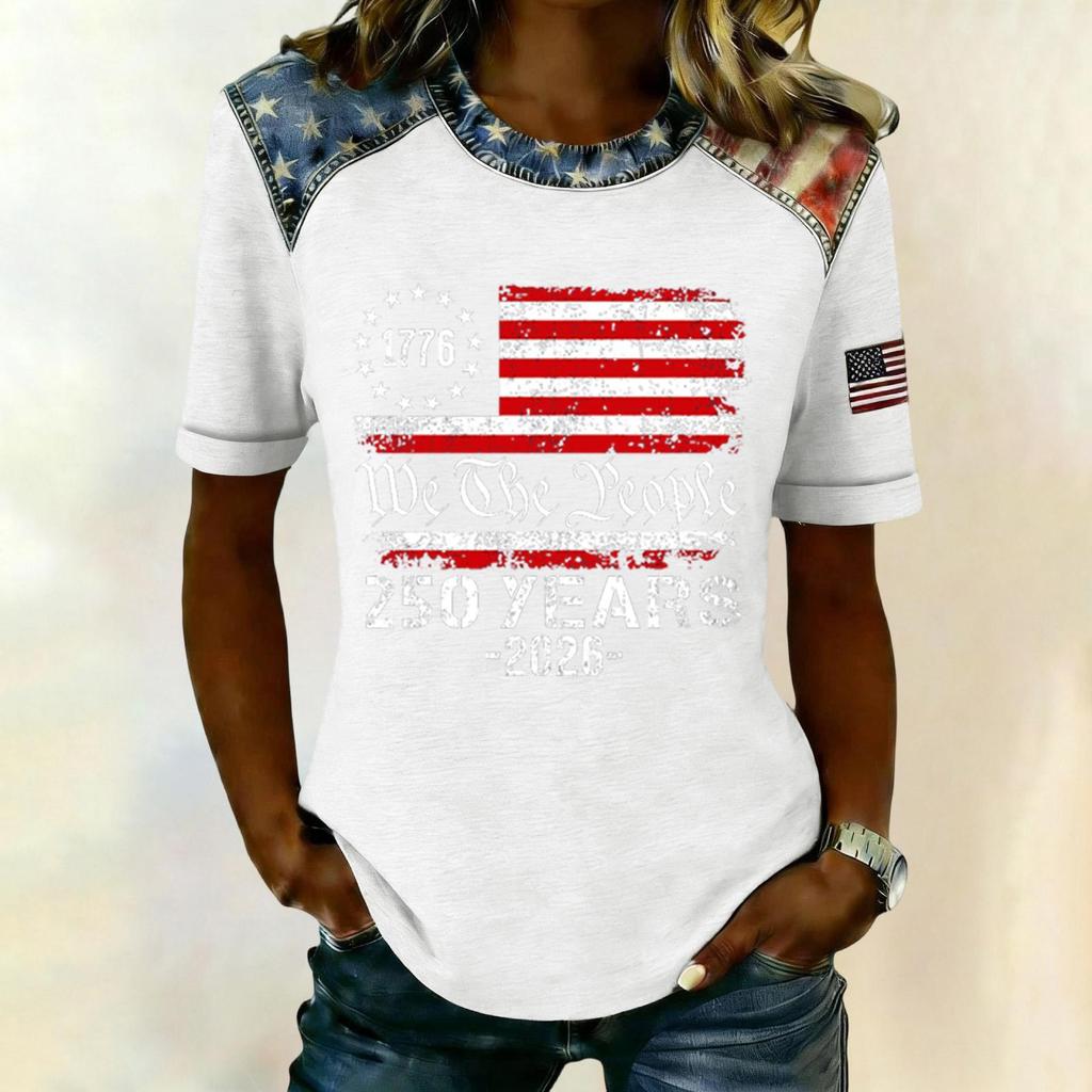 Women Casual Short Sleeve T Shirt Crew Neck Patriotic Letter Print Top Slim Fit Lightweight Tee for Everyday Wear