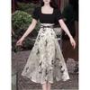 Elegant Summer Guochao Ink Print Dress: Women's Waist-Cinched, Slimming Mid-Length Skirt