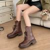Women Mid Calf Boots Fashion Lace Up Platform Thick Heel Motorcycle Booties Retro Style Autumn Winter Female Shoes