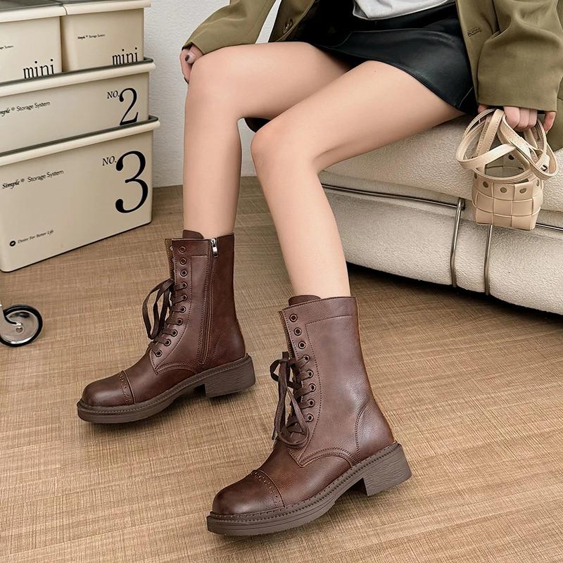 Women Mid Calf Boots Fashion Lace Up Platform Thick Heel Motorcycle Booties Retro Style Autumn Winter Female Shoes