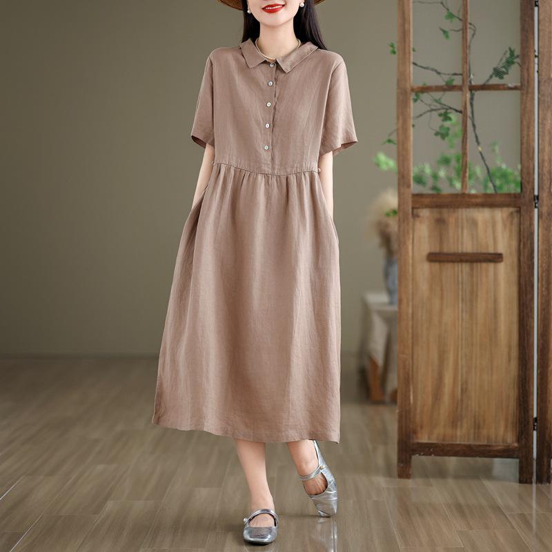 2024 Summer Japanese Style Cotton-Linen Polo Collar Midi Dress for Women