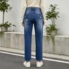 European and American New Flower Printing Design Sense Fashionable Mid-waist Women's Straight Jeans
