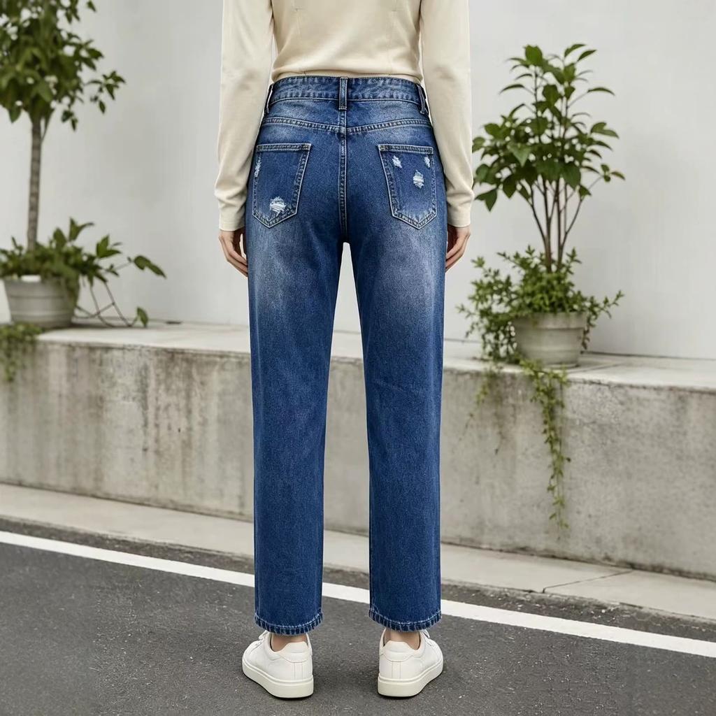 European and American New Flower Printing Design Sense Fashionable Mid-waist Women's Straight Jeans