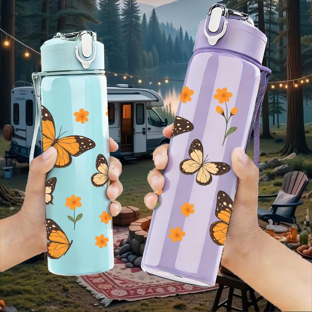 1PC Orange Butterfly Group Print 750ml Color Plastic Sports Water Bottle Leakproof Flip Straw Lid Suitable for Sports Office Home Use
