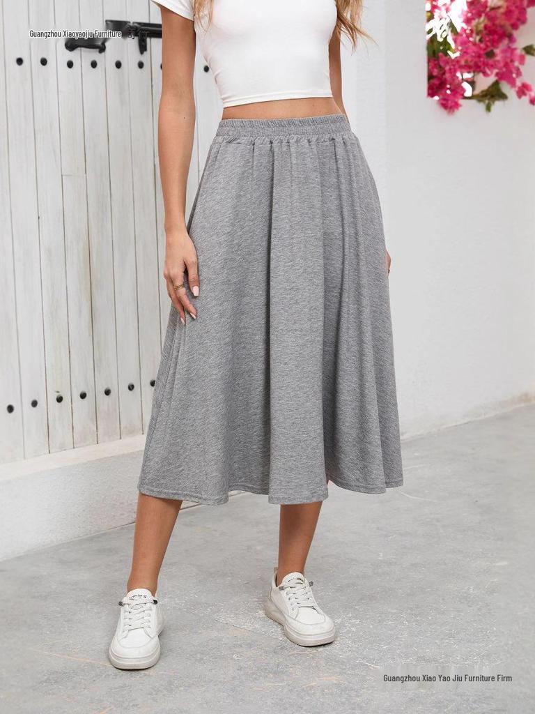 European High-Waisted Casual Midi Skirt - A-Line, Loose Fit, Draped Hem
