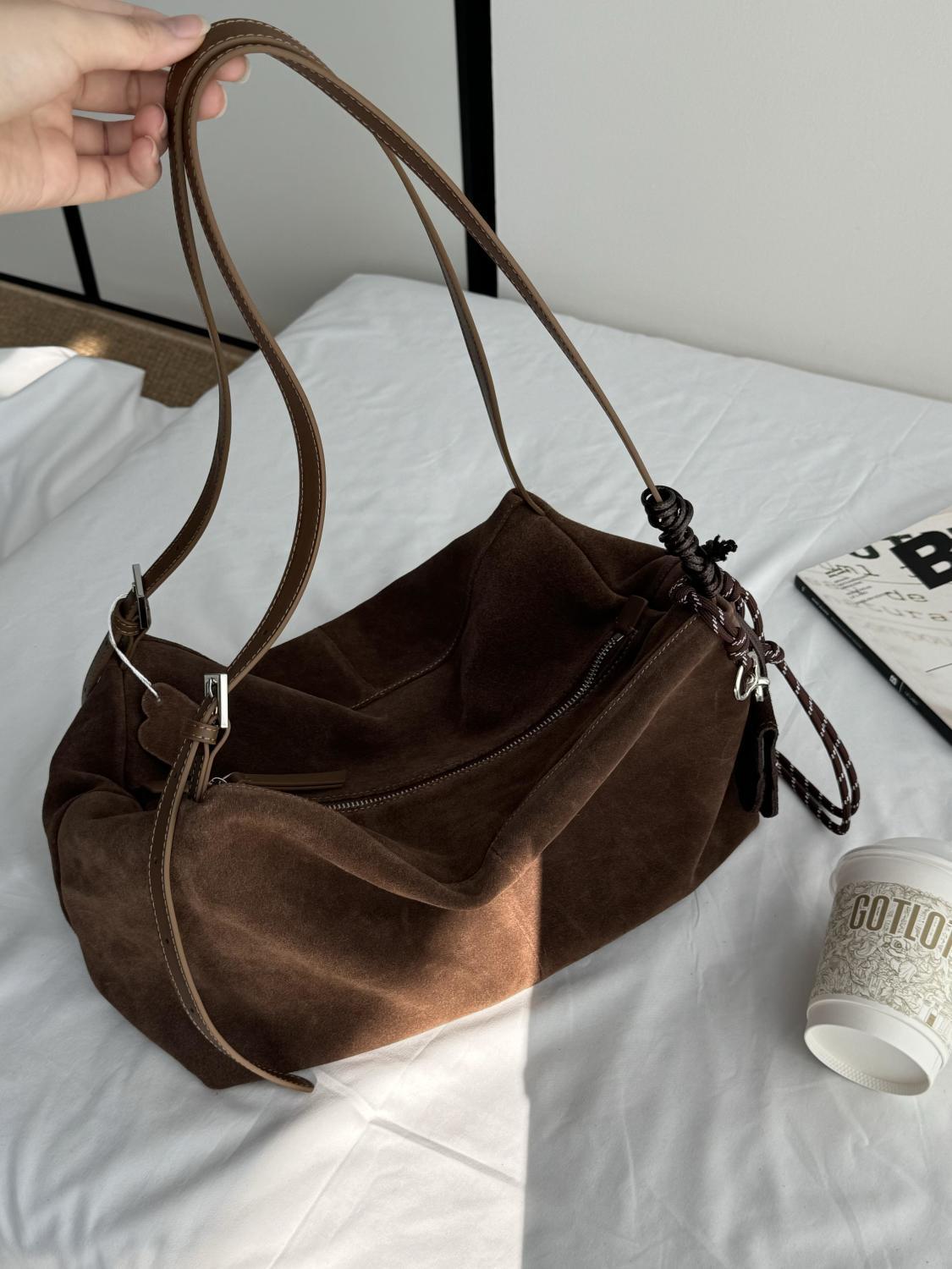 

JIAERDI Vintage Large Capacity Tote Bag Women Retro Suede Casual Shoulder Bags Ladies Versatile Frosted Handbag Purse 2025 New 43x26x23cm коричневый
