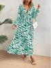 Zebra Print V-Neck Midi Dress - Elegant, Waist-Hugging, Long Sleeve, Autumn Fashion