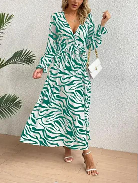 Zebra Print V-Neck Midi Dress - Elegant, Waist-Hugging, Long Sleeve, Autumn Fashion