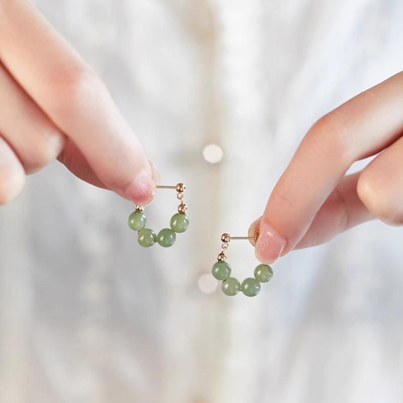 Natural Hetian Jade Green Dangle Earrings - New Chinese Style Studs for Women, National Style Qingyu Design