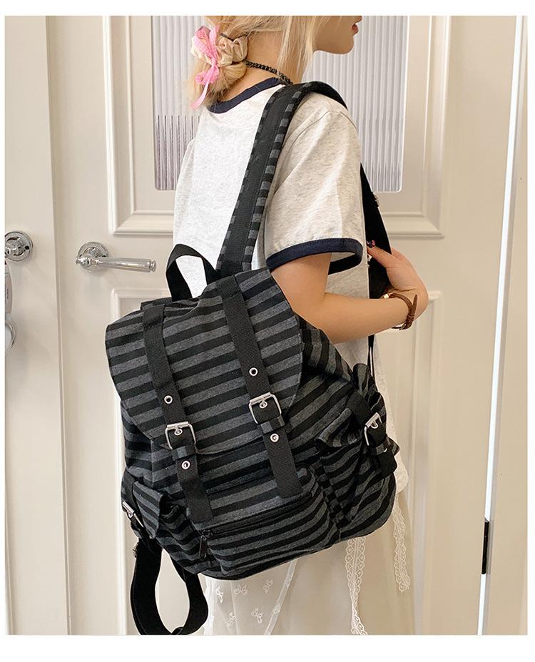 High Quality Korean Style Retro Backpacks Drawstring Design Flat Stripe Bookbags Large Capacity Soft Tote Bags Unisex