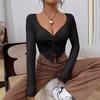 Ladies Spring Summer Long Sleeve V Neck Solid Color Knot Irregular Pullover Casual T Shirt Crop Top