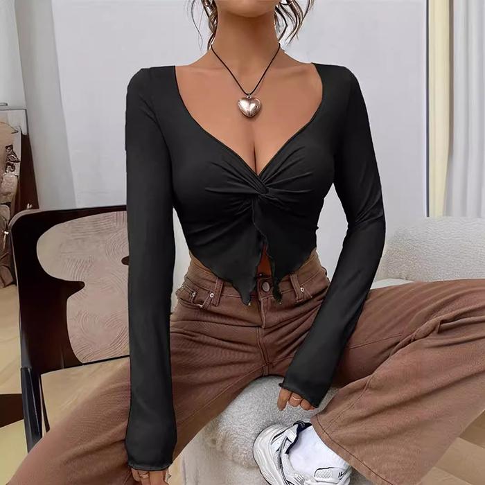 Ladies Spring Summer Long Sleeve V Neck Solid Color Knot Irregular Pullover Casual T Shirt Crop Top