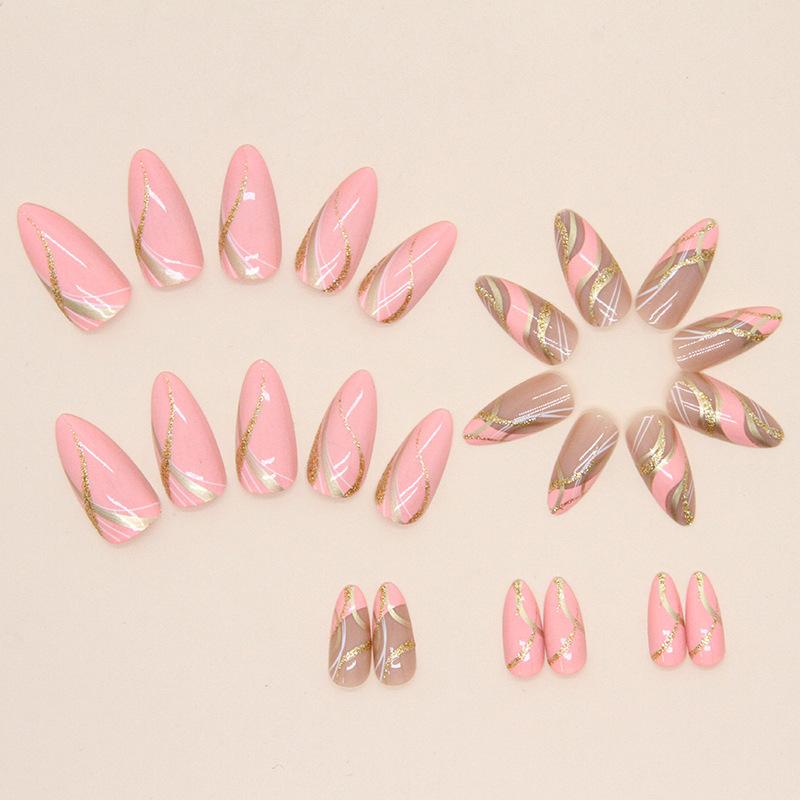 Girl Barbie Pink Corrugated Almond Nail Explosive Glitter Powder Spice Girl Style European And American Nail Piece Wear Nail