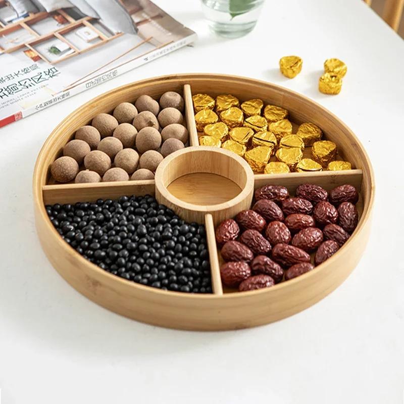 Bamboo Divided Nut Storage Tray Wooden Dried Fruit Candy Serving Trays with Lid Snack Dim Sum Platter for Parties Family