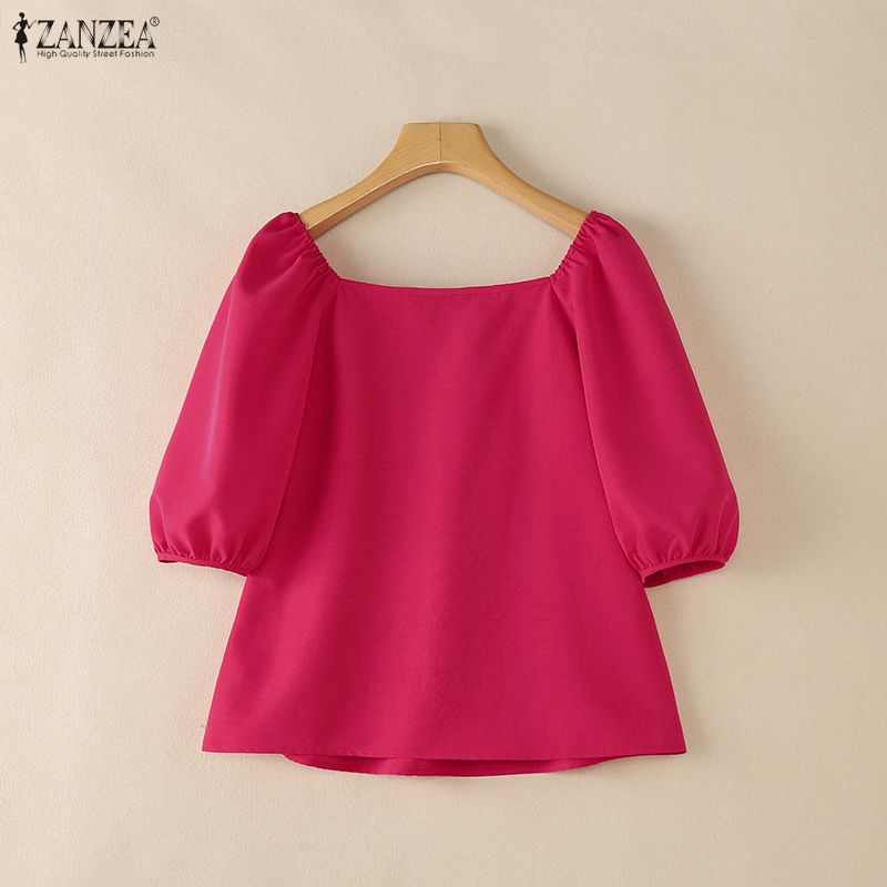 ZANZEA Women Casual Square Collar Loose Summer Short Sleeve Blouse