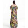 Bohemian Striped Printing Butterfly Sleeve A-line Maxi Dress for Women Vacation Holiday Ruffles Splice Beaded Loose Long Dress Robes Femme