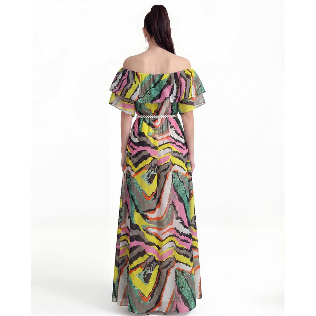 Bohemian Striped Printing Butterfly Sleeve A-line Maxi Dress for Women Vacation Holiday Ruffles Splice Beaded Loose Long Dress Robes Femme